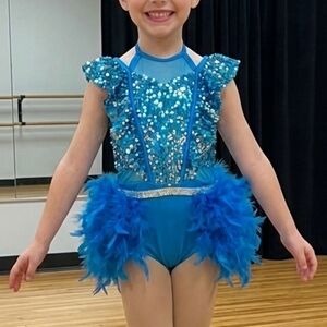 WEISSMAN.. Shimmering Blue Kids Dance Outfit with Feathers Likes 10 Size..